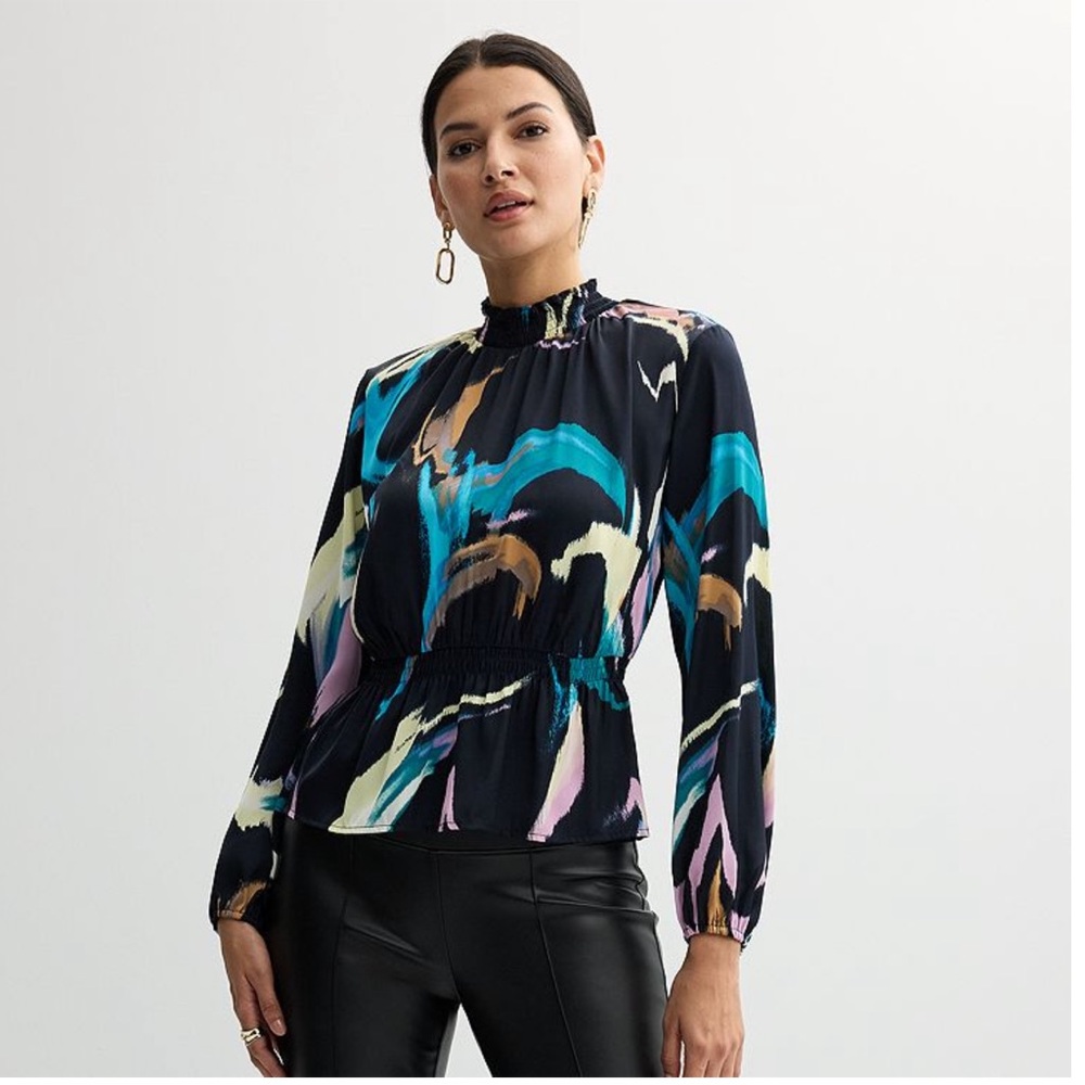 NWT Nine West multi brush flares smocked blouse size XXL